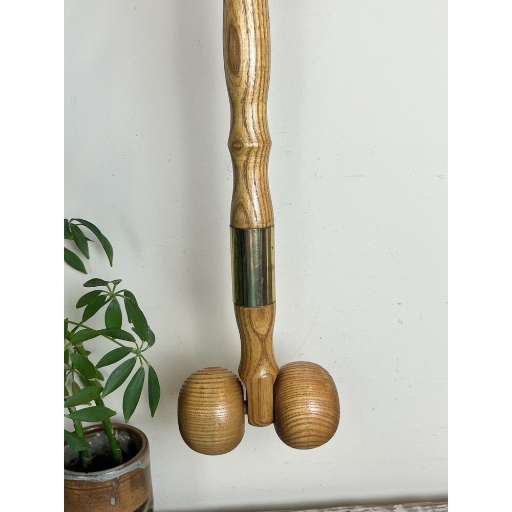 Vintage Wooden Oak Back Massager Roller Rolling Balls W/Handle Brass Accent 15”